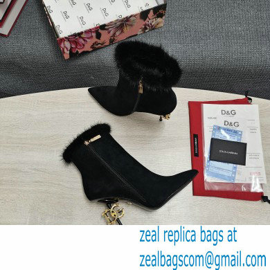 Dolce  &  Gabbana Mink Fur Thin Heel 10.5cm Leather Ankle Boots Suede Black with Baroque DG Heel 2021